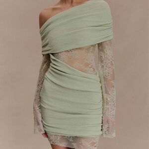 Meshki Lace Knit Mini Dress - Pastel Green Size Medium